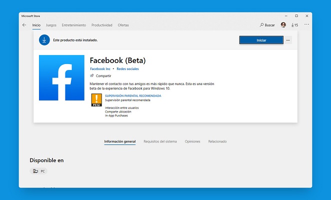 aplicación Facebook Windows 10
